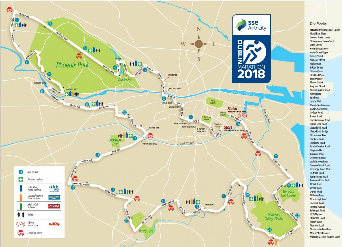 La ville de Dublin marathon de la carte de l'itinéraire